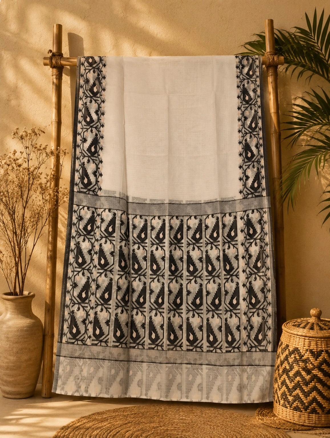 Off White Kota Jamdani Saree with Black Woven Floral Border and Traditional Jamdani Motifs