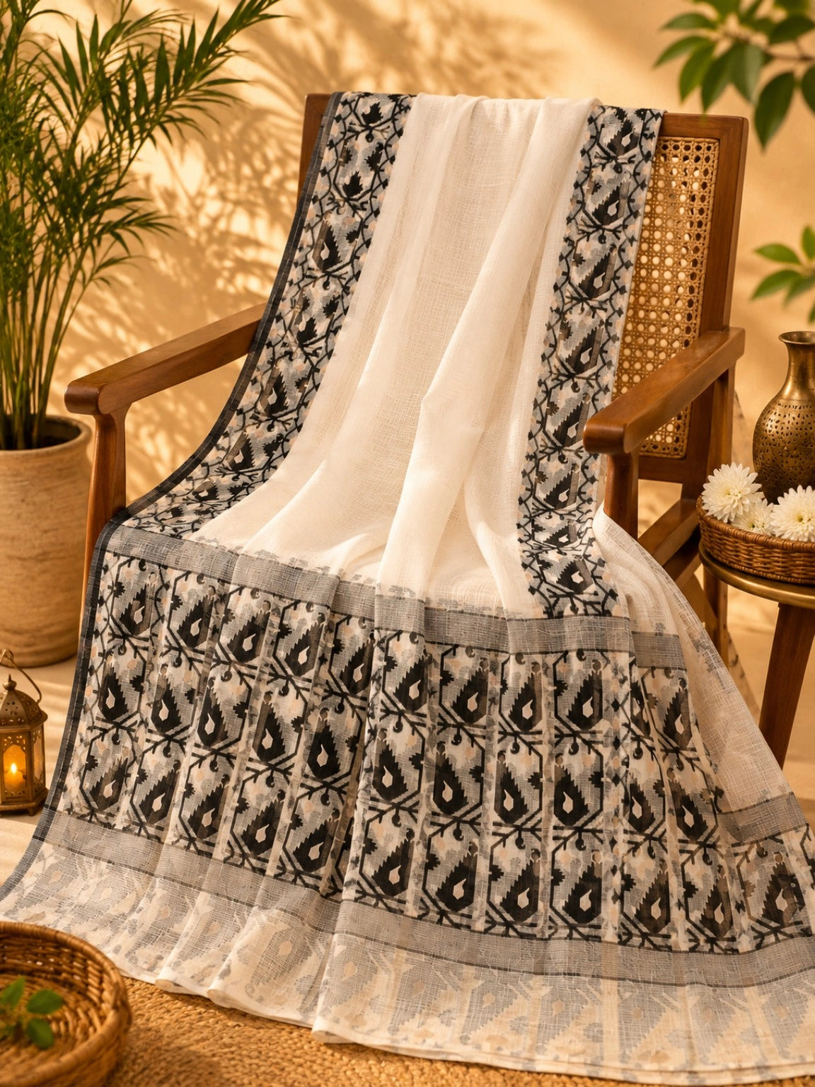 Off White Kota Jamdani Saree with Black Woven Floral Border and Traditional Jamdani Motifs