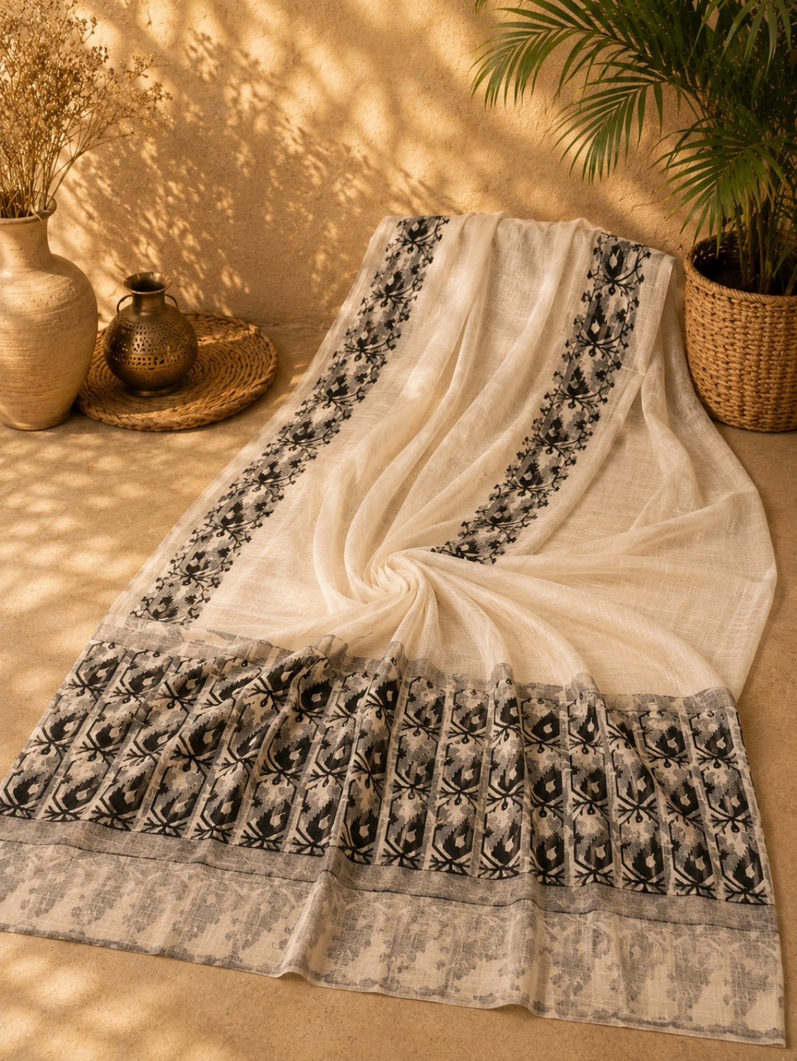 Off White Kota Jamdani Saree with Black Woven Floral Border and Traditional Jamdani Motifs