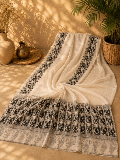 Off White Kota Jamdani Saree with Black Woven Floral Border and Traditional Jamdani Motifs