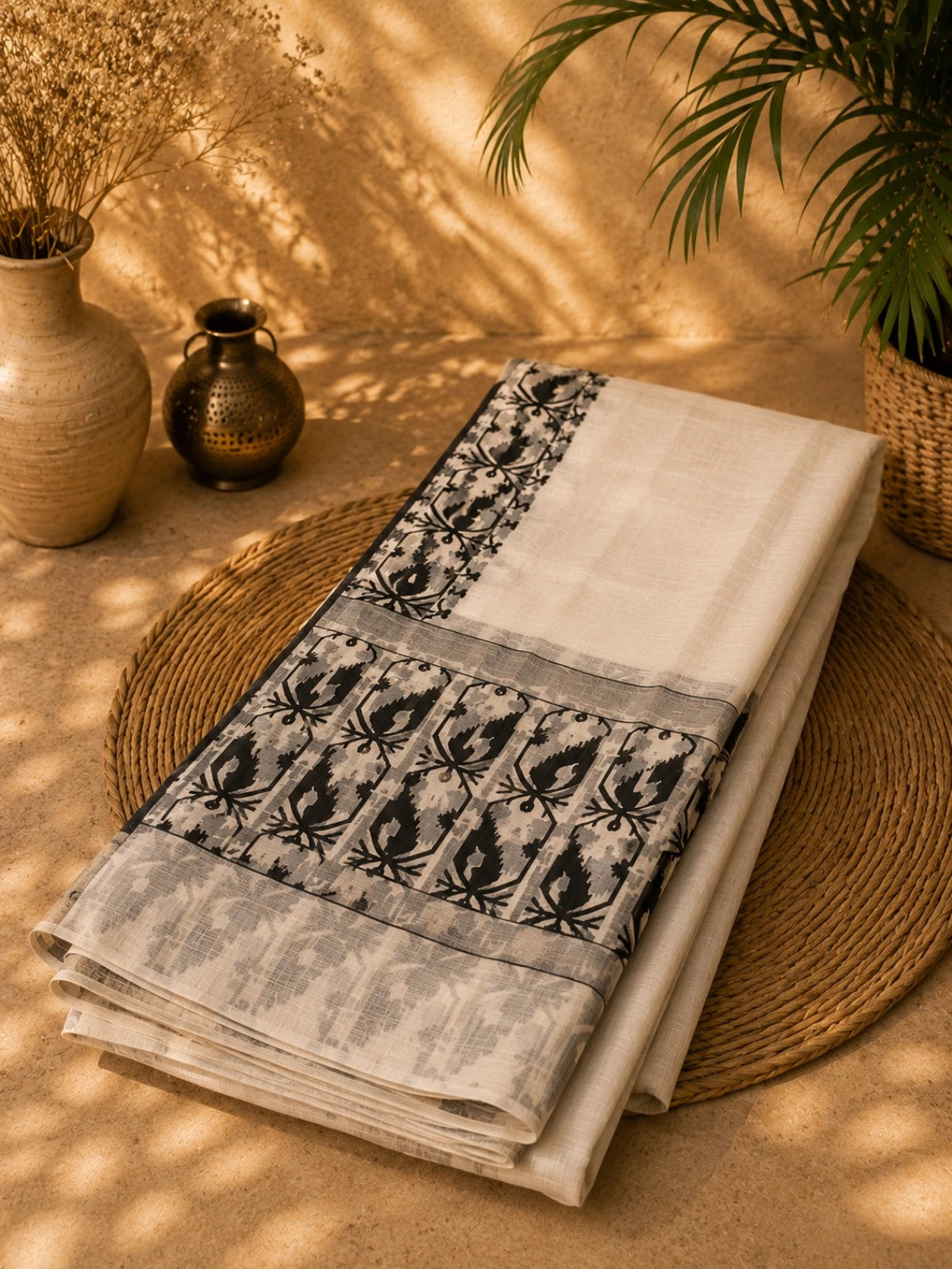 Off White Kota Jamdani Saree with Black Woven Floral Border and Traditional Jamdani Motifs