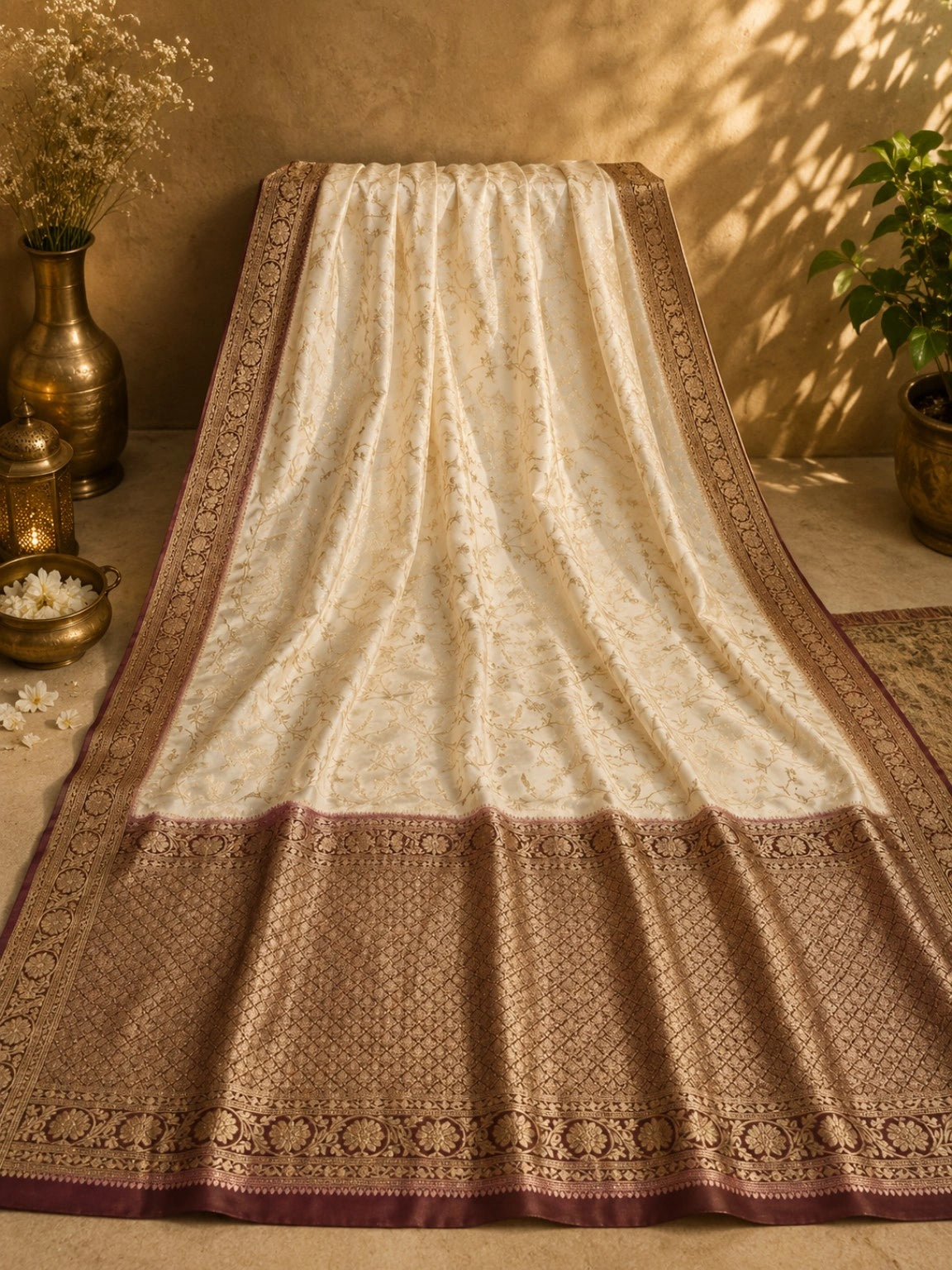 Ivory Pure Mashru Banarasi Saree with Antique Gold Floral Zari Border