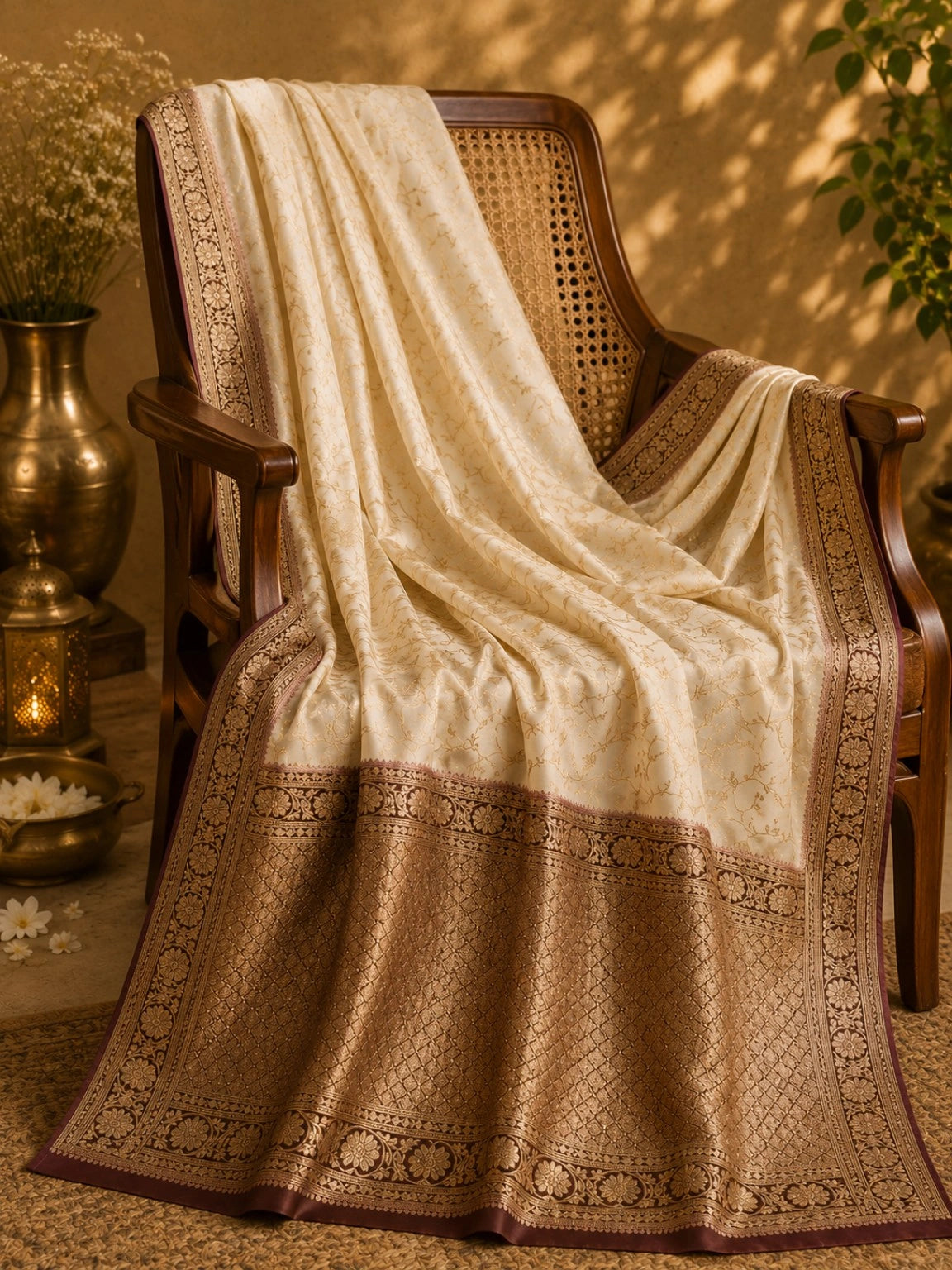 Ivory Pure Mashru Banarasi Saree with Antique Gold Floral Zari Border