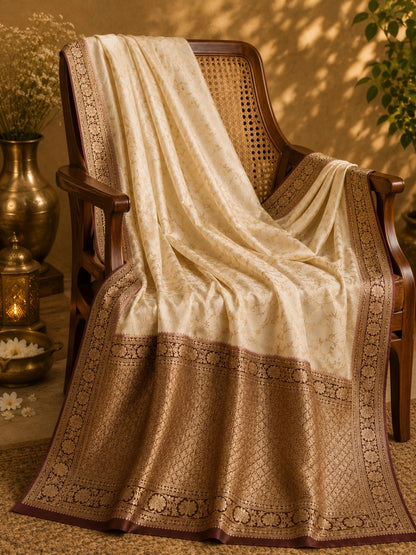 Ivory Pure Mashru Banarasi Saree with Antique Gold Floral Zari Border