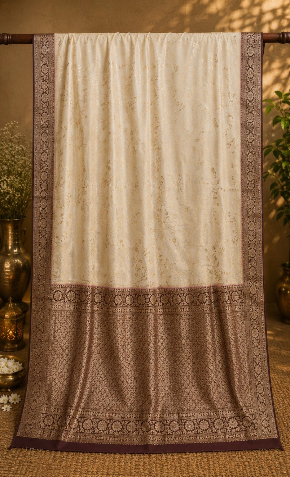 Ivory Pure Mashru Banarasi Saree with Antique Gold Floral Zari Border