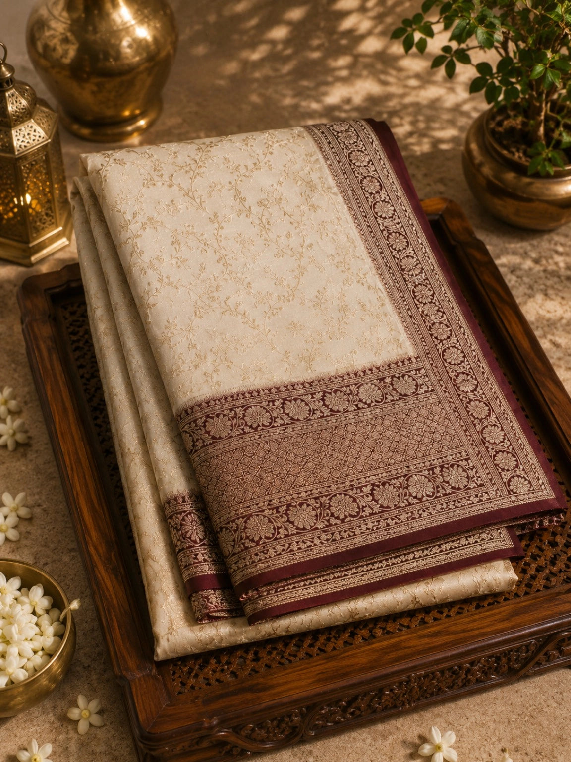 Ivory Pure Mashru Banarasi Saree with Antique Gold Floral Zari Border