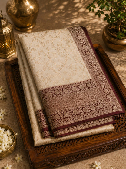 Ivory Pure Mashru Banarasi Saree with Antique Gold Floral Zari Border
