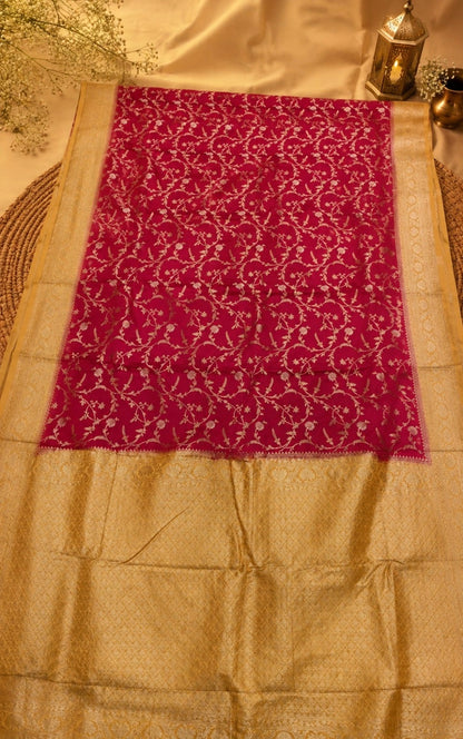 Rani Pink Pure Mashru Banarasi Saree with Gold Floral Vine Weaving and Rich Zari Border