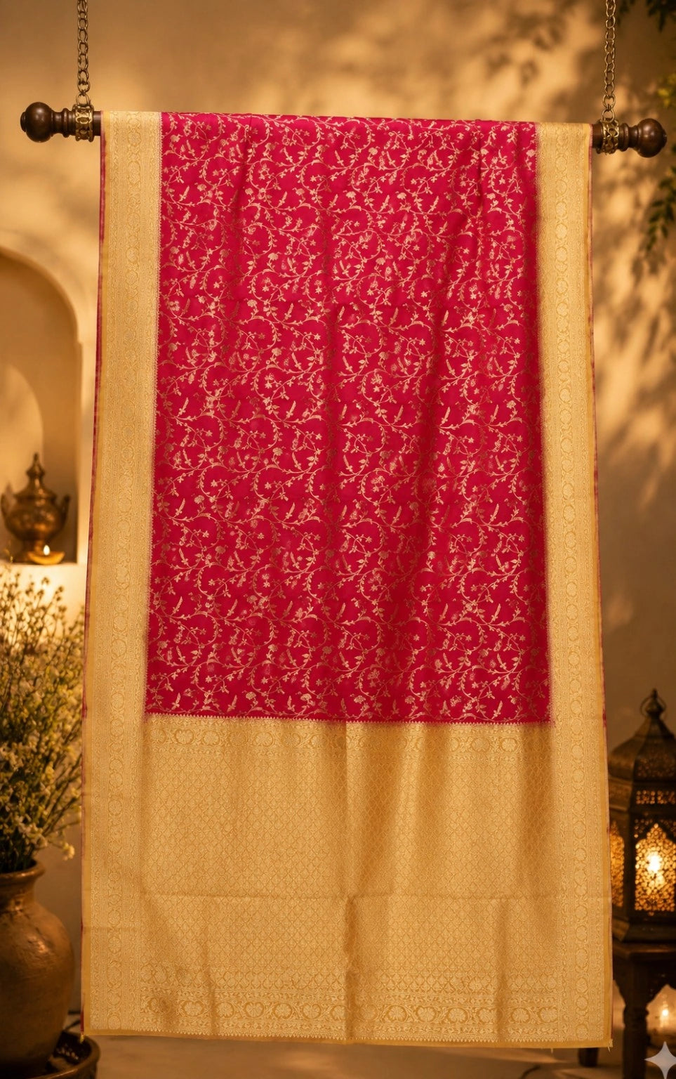 Rani Pink Pure Mashru Banarasi Saree with Gold Floral Vine Weaving and Rich Zari Border