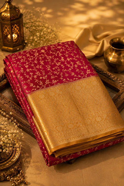 Rani Pink Pure Mashru Banarasi Saree with Gold Floral Vine Weaving and Rich Zari Border