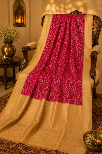 Rani Pink Pure Mashru Banarasi Saree with Gold Floral Vine Weaving and Rich Zari Border