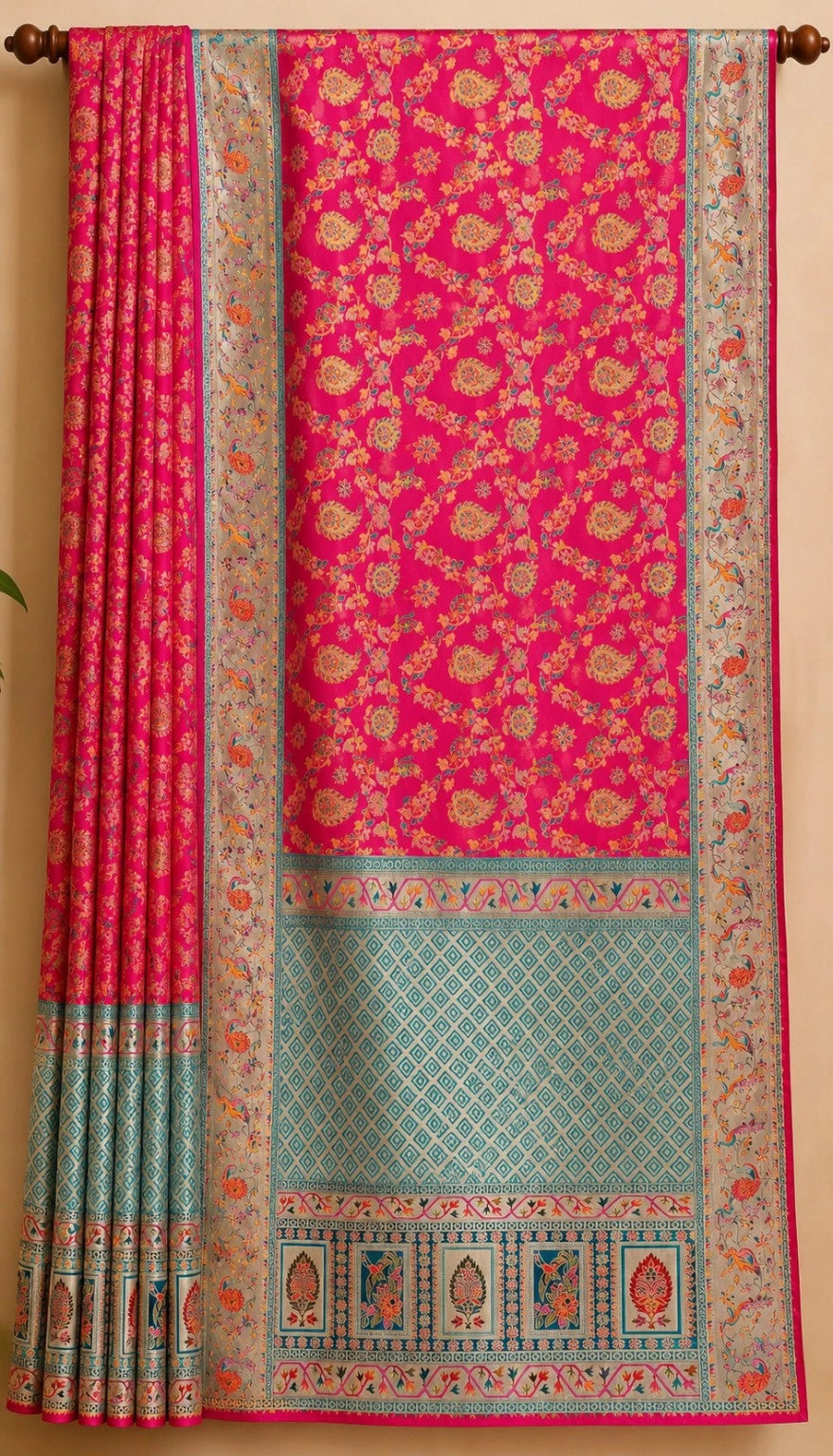 Hot Pink Pure Mashru Kani Silk Saree with Teal Geometric Pallu and Floral Paisley Weaving
