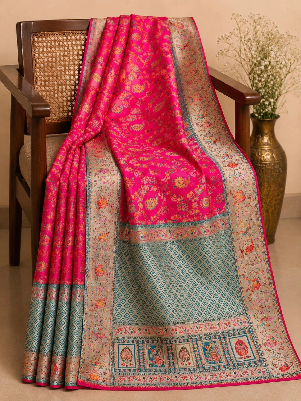 Hot Pink Pure Mashru Kani Silk Saree with Teal Geometric Pallu and Floral Paisley Weaving