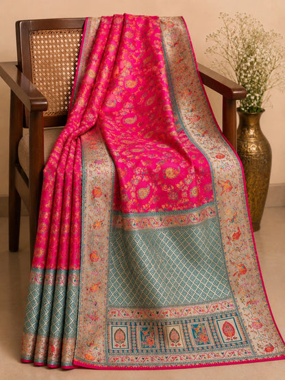 Hot Pink Pure Mashru Kani Silk Saree with Teal Geometric Pallu and Floral Paisley Weaving