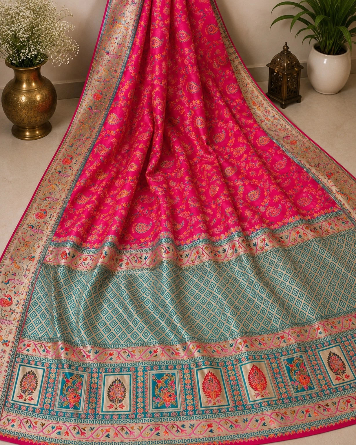 Hot Pink Pure Mashru Kani Silk Saree with Teal Geometric Pallu and Floral Paisley Weaving
