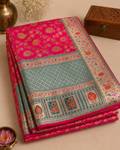 Hot Pink Pure Mashru Kani Silk Saree with Teal Geometric Pallu and Floral Paisley Weaving