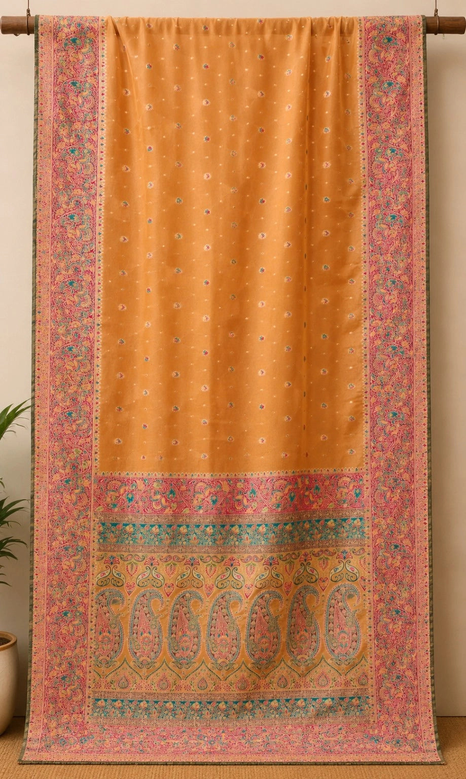 Mustard Gold Mashru Tissue Kani Silk Saree with Multicolor Paisley Woven Border