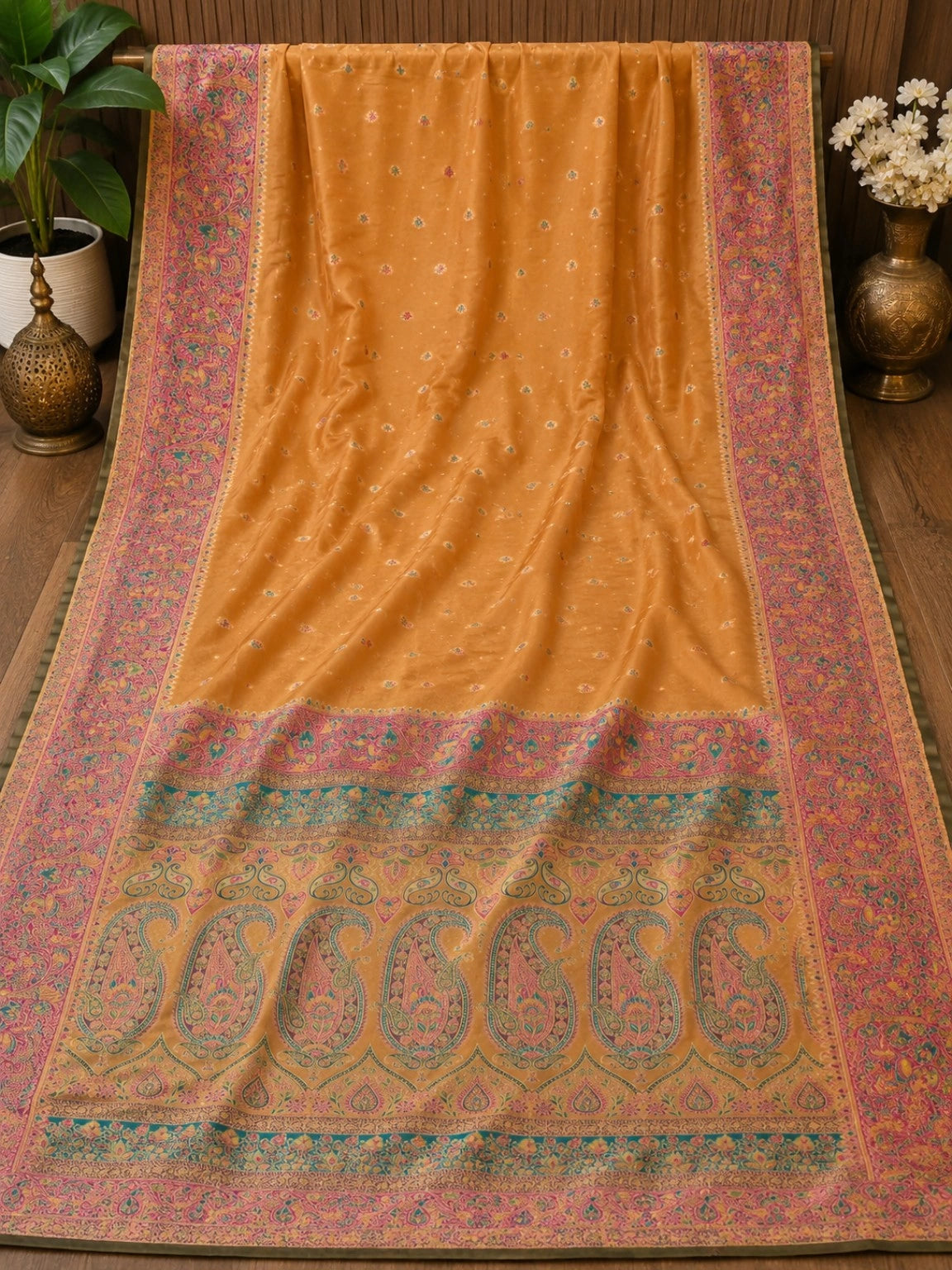 Mustard Gold Mashru Tissue Kani Silk Saree with Multicolor Paisley Woven Border