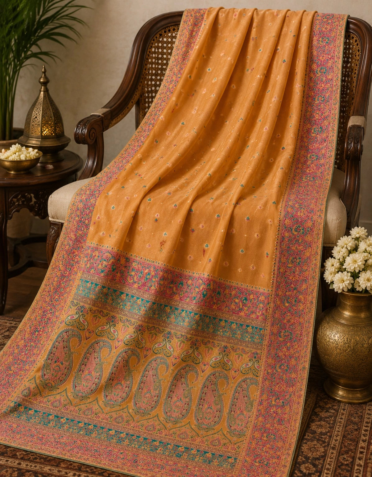 Mustard Gold Mashru Tissue Kani Silk Saree with Multicolor Paisley Woven Border