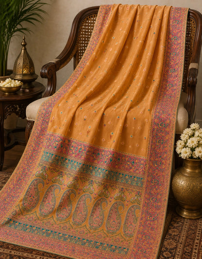 Mustard Gold Mashru Tissue Kani Silk Saree with Multicolor Paisley Woven Border