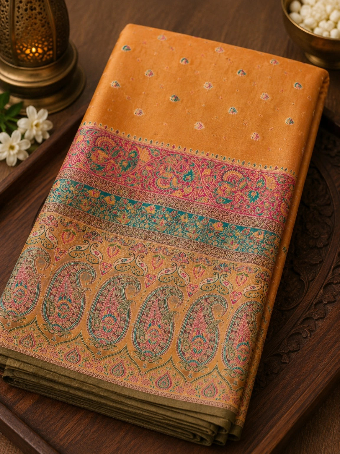 Mustard Gold Mashru Tissue Kani Silk Saree with Multicolor Paisley Woven Border