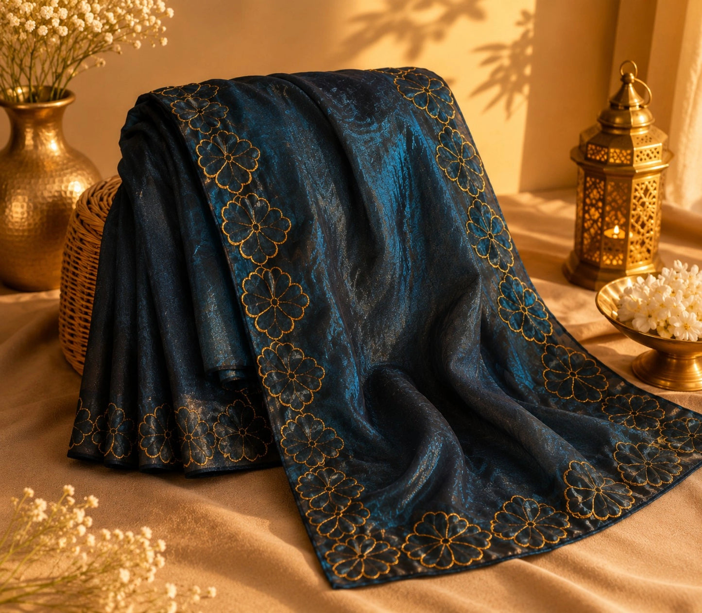 Navy Blue Embroidered Fancy Satin Saree with Gold Floral Border Design