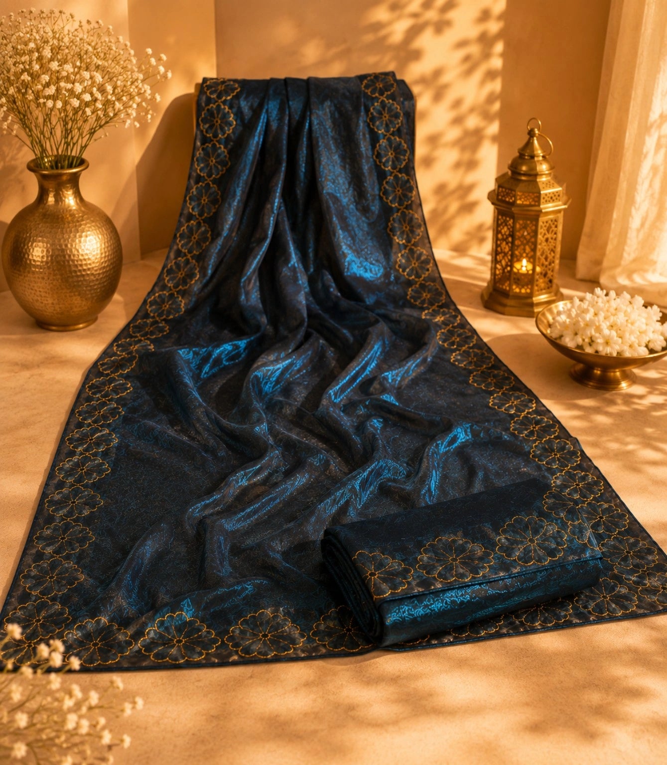 Navy Blue Embroidered Fancy Satin Saree with Gold Floral Border Design