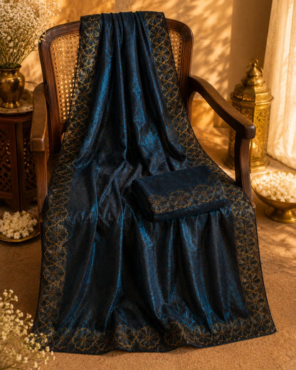 Navy Blue Embroidered Fancy Satin Saree with Gold Floral Border Design