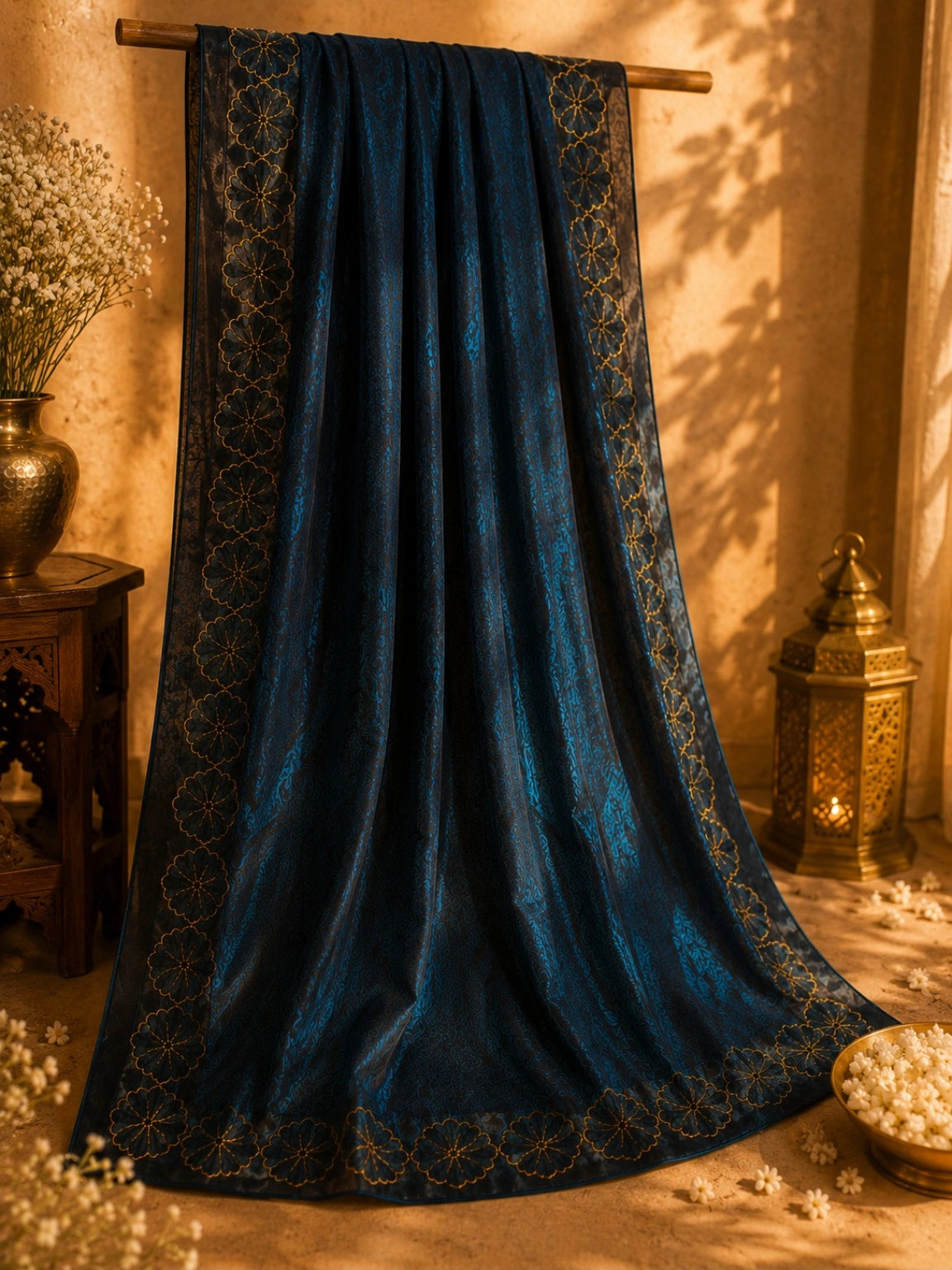 Navy Blue Embroidered Fancy Satin Saree with Gold Floral Border Design