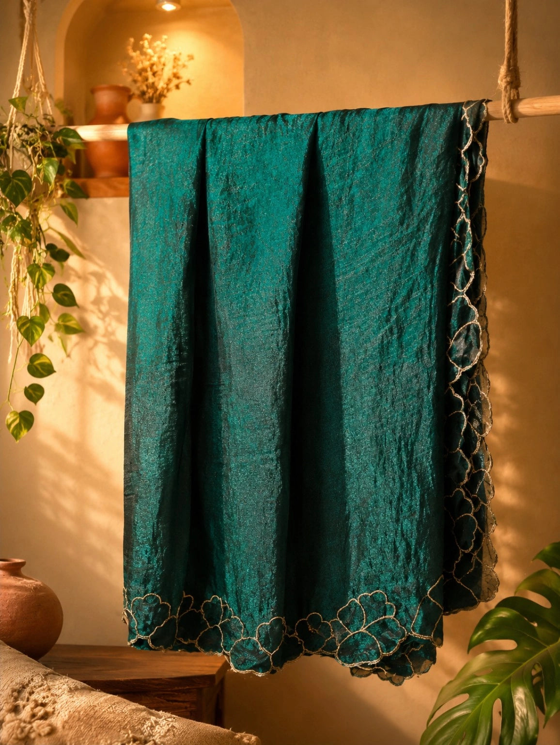 Teal Green Fandy Satin Embroidered Saree with Floral Scallop Border Party Wear Saree