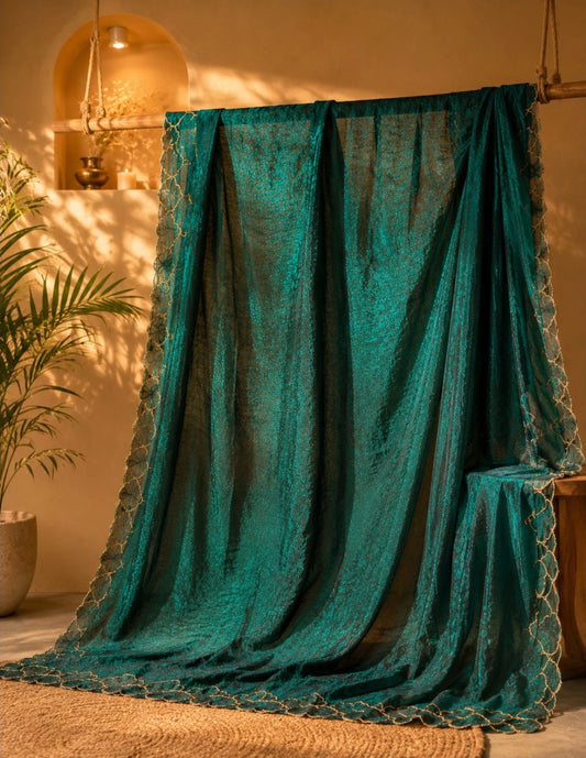 Teal Green Fandy Satin Embroidered Saree with Floral Scallop Border Party Wear Saree