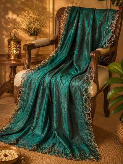 Teal Green Fandy Satin Embroidered Saree with Floral Scallop Border Party Wear Saree