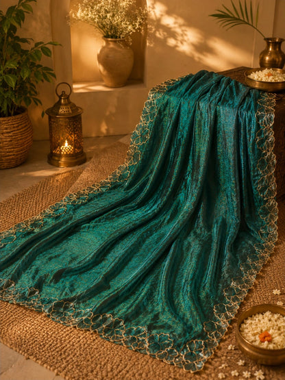 Teal Green Fandy Satin Embroidered Saree with Floral Scallop Border Party Wear Saree