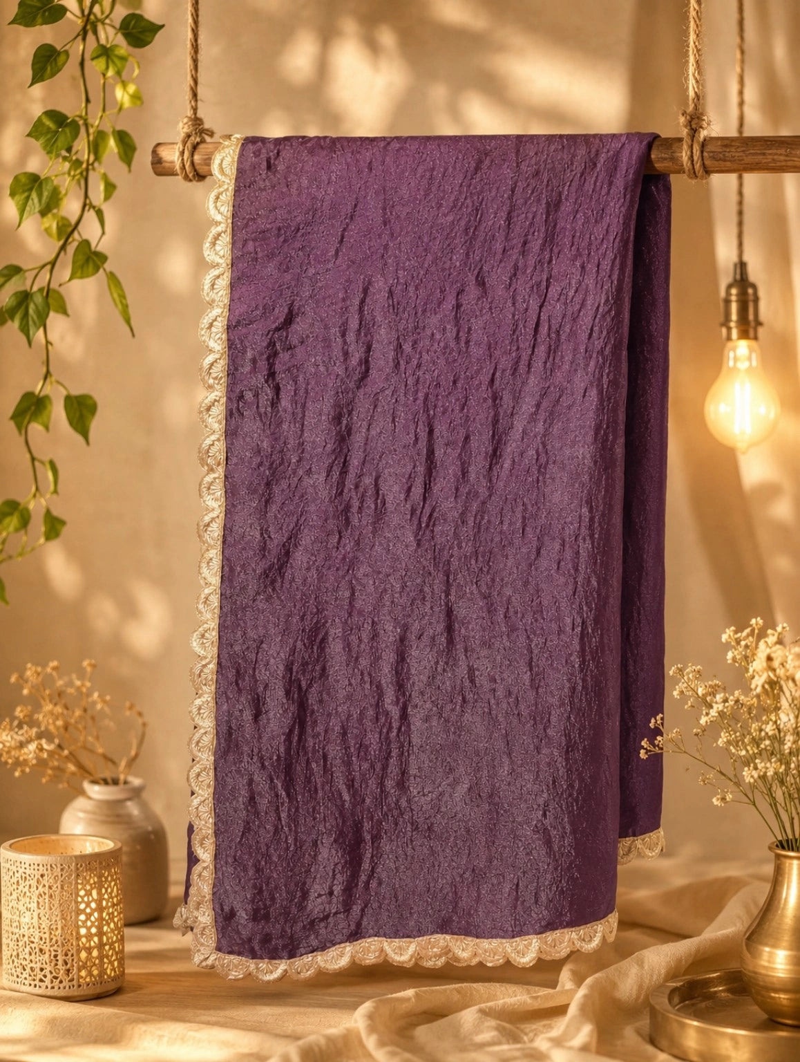 Purple Crushed Texture Party Wear Saree with Scalloped Gold Lace Border