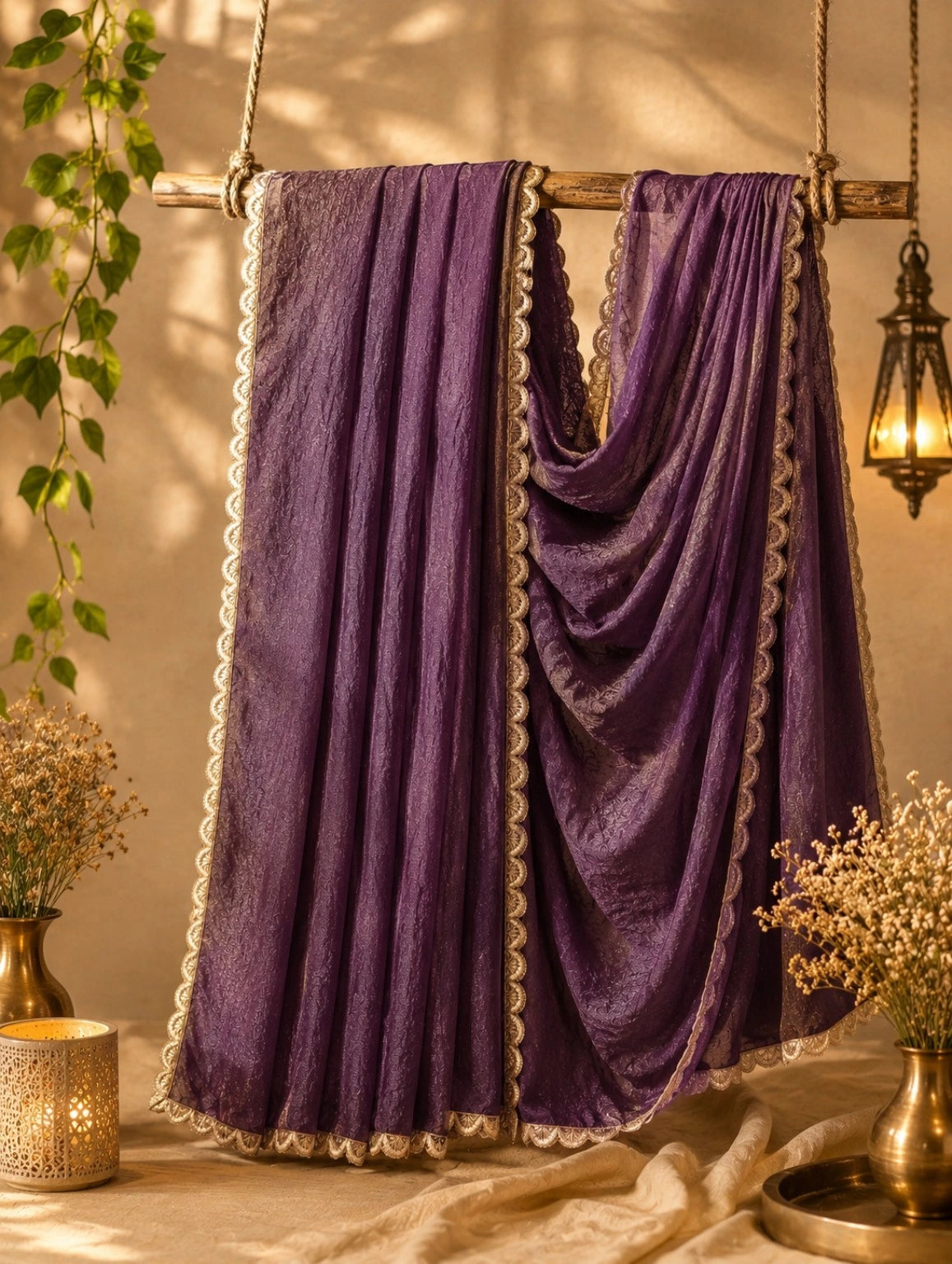 Purple Crushed Texture Party Wear Saree with Scalloped Gold Lace Border