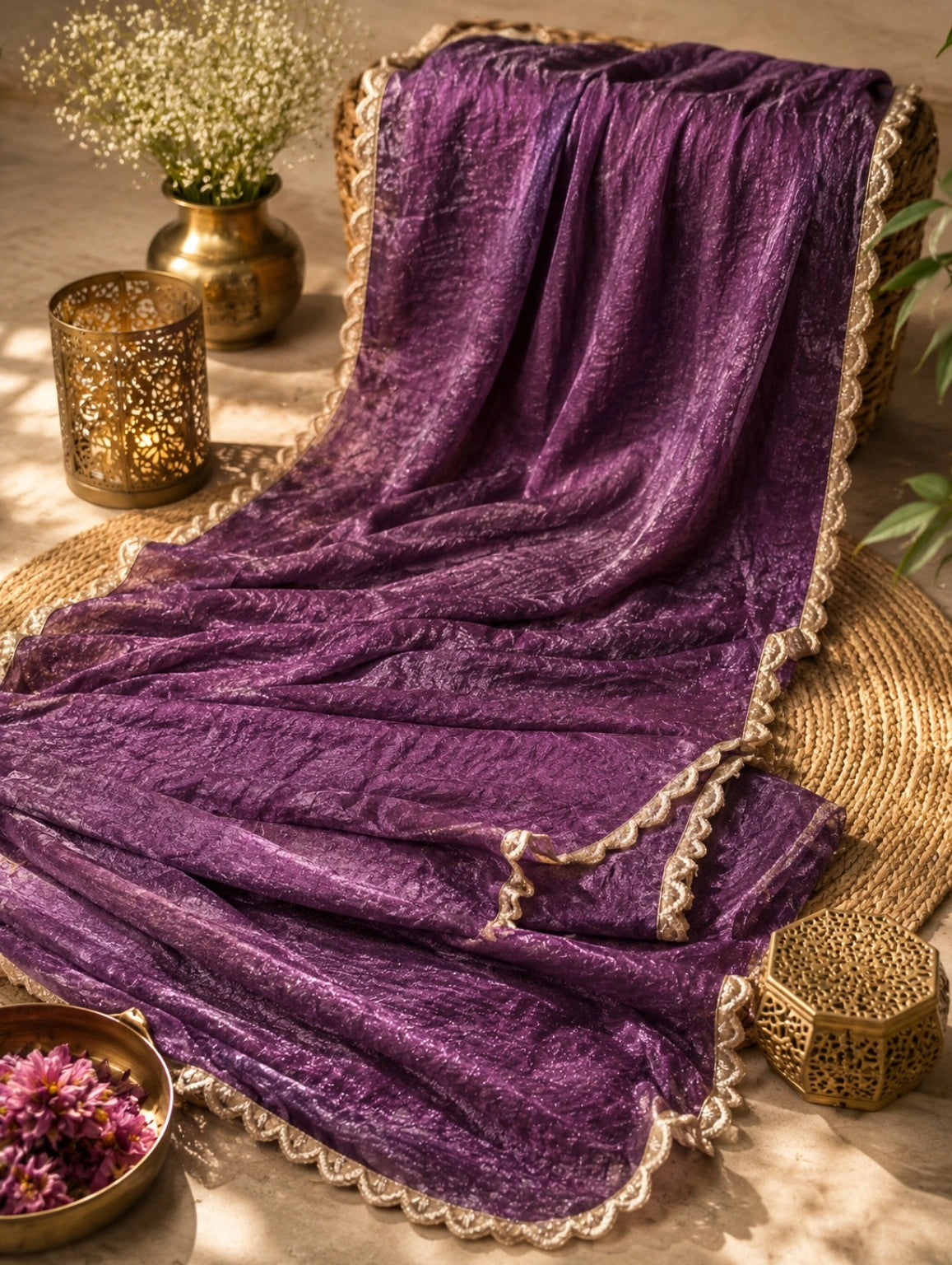 Purple Crushed Texture Party Wear Saree with Scalloped Gold Lace Border