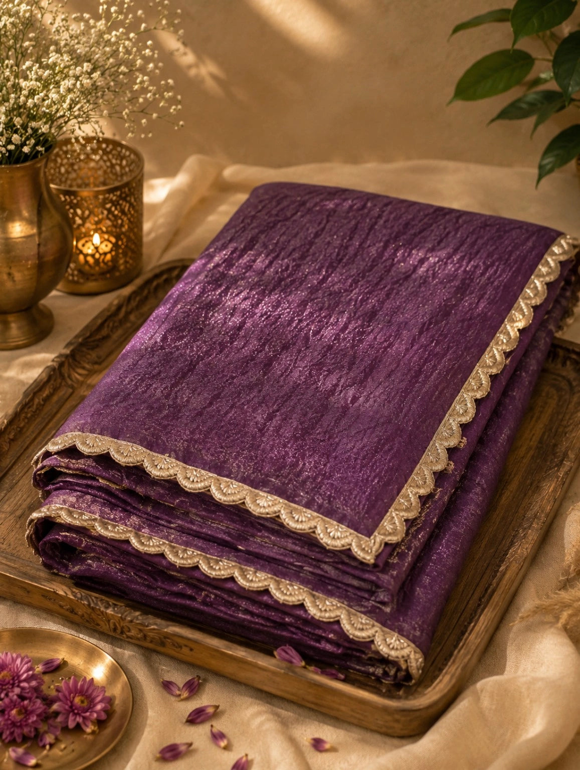 Purple Crushed Texture Party Wear Saree with Scalloped Gold Lace Border