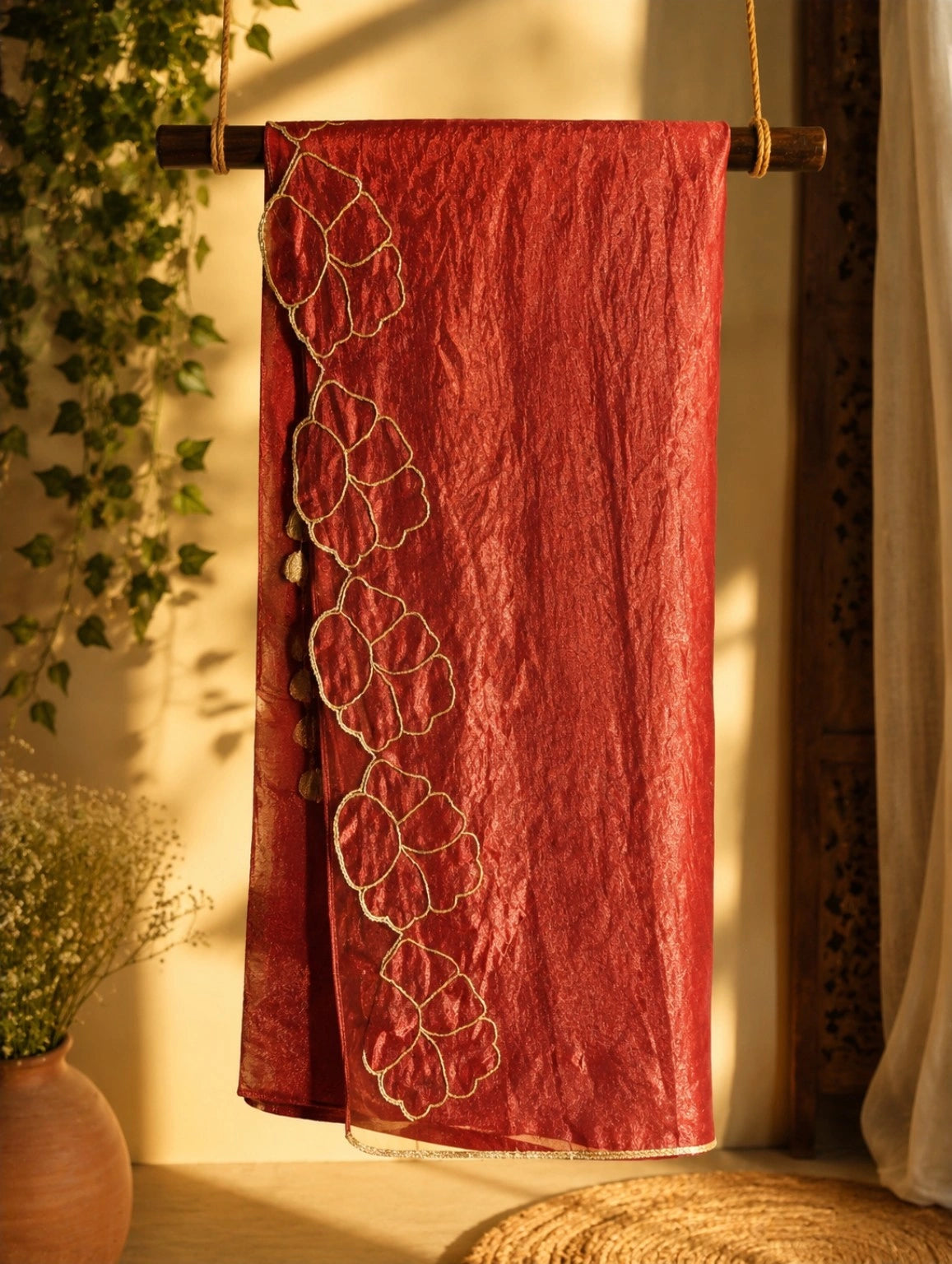Red Fancy Satin Embroidered Saree with Gold Floral Border Design for Festive & Party Wear