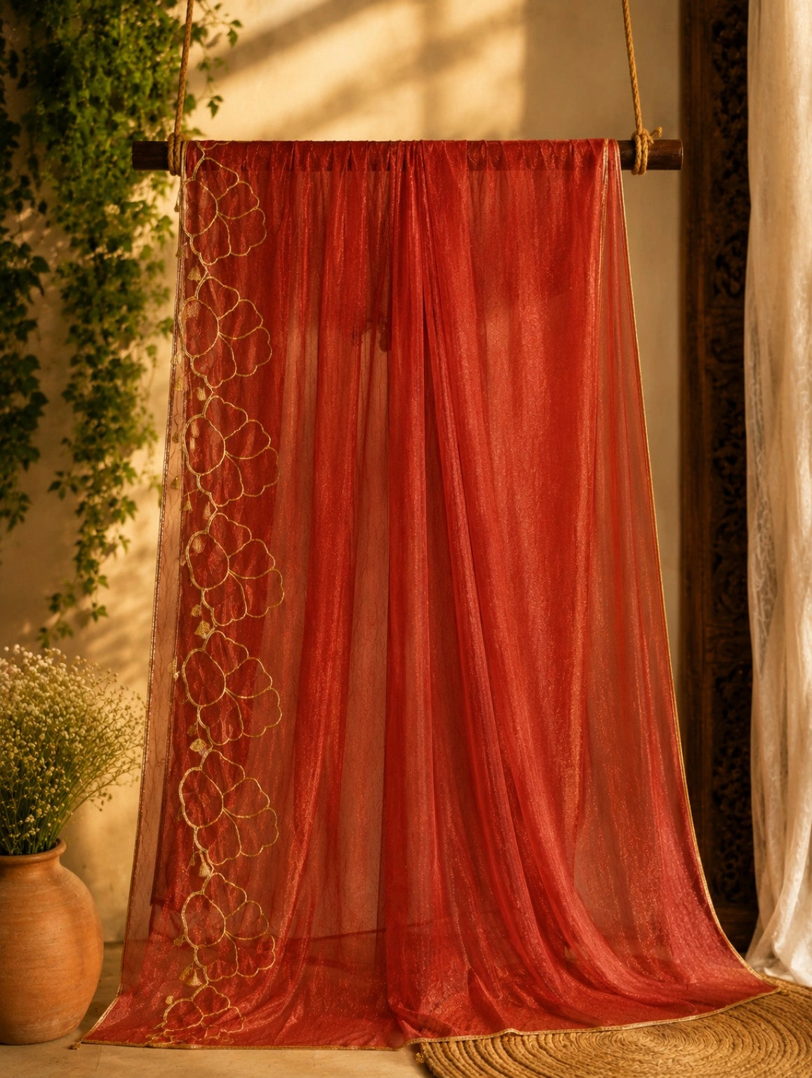 Red Fancy Satin Embroidered Saree with Gold Floral Border Design for Festive & Party Wear
