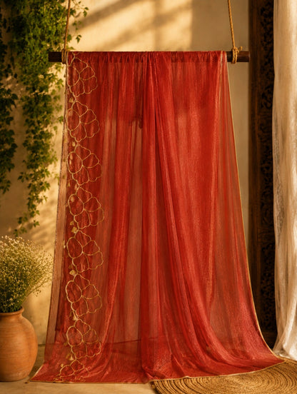 Red Fancy Satin Embroidered Saree with Gold Floral Border Design for Festive & Party Wear