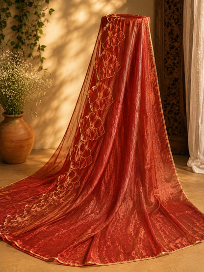 Red Fancy Satin Embroidered Saree with Gold Floral Border Design for Festive & Party Wear
