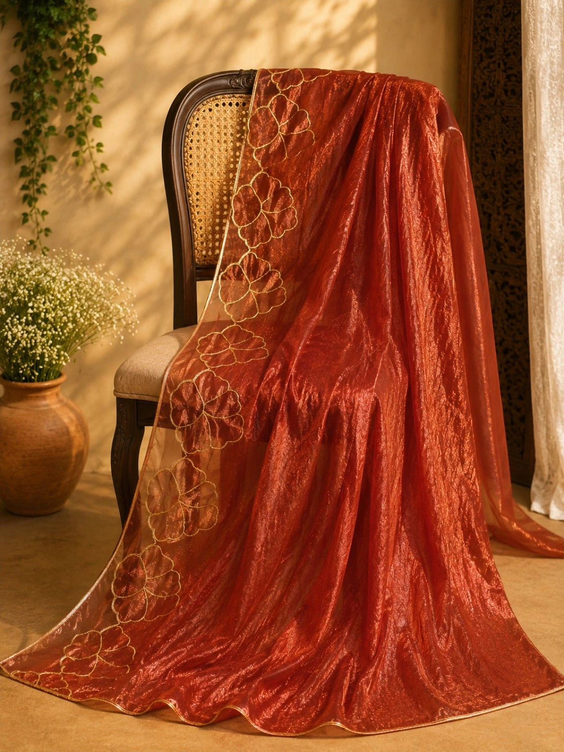 Red Fancy Satin Embroidered Saree with Gold Floral Border Design for Festive & Party Wear