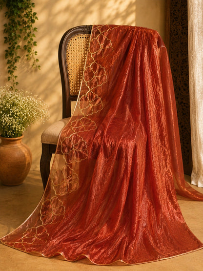 Red Fancy Satin Embroidered Saree with Gold Floral Border Design for Festive & Party Wear