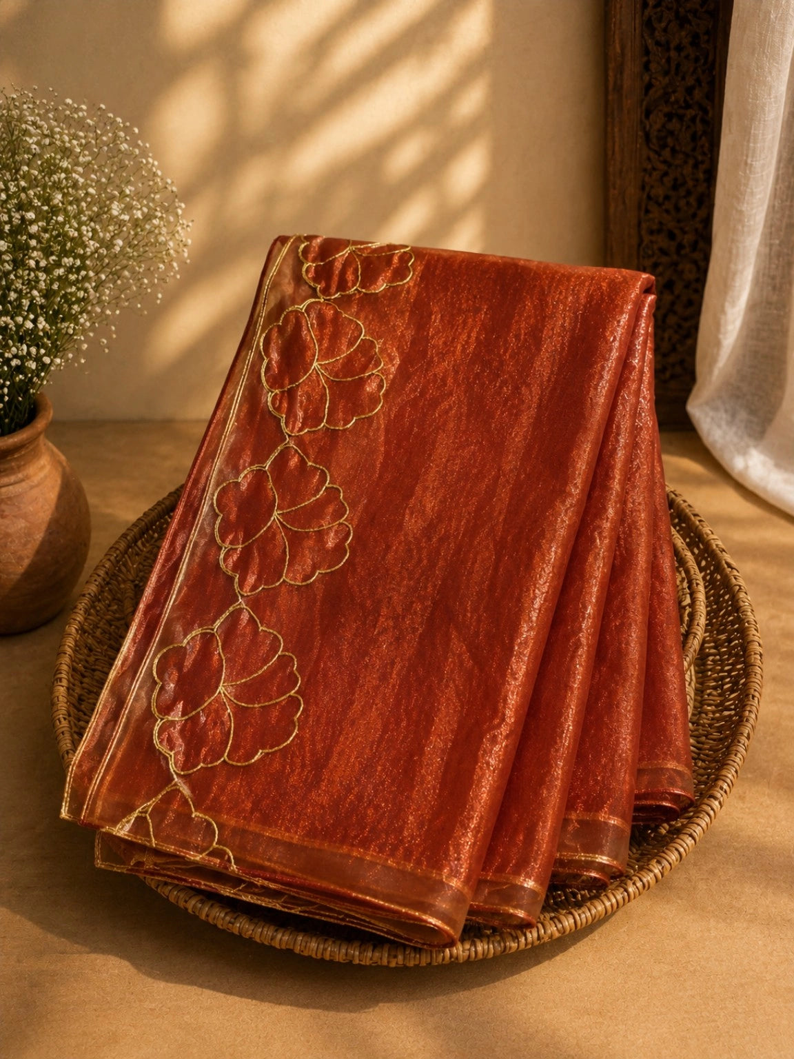 Red Fancy Satin Embroidered Saree with Gold Floral Border Design for Festive & Party Wear