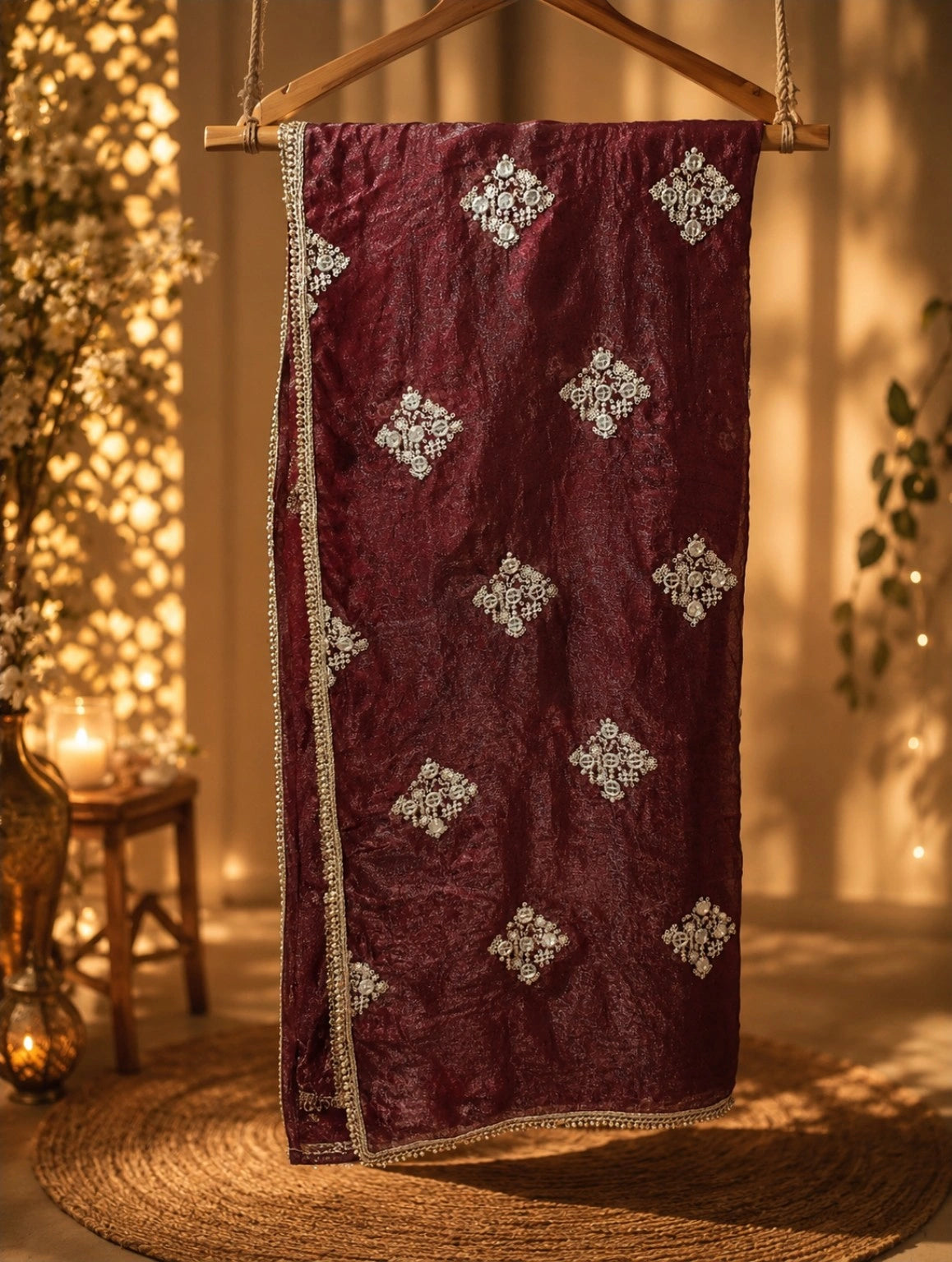 Maroon Fancy Butta Saree with Pearl Embellished Diamond Motifs and Decorative Border