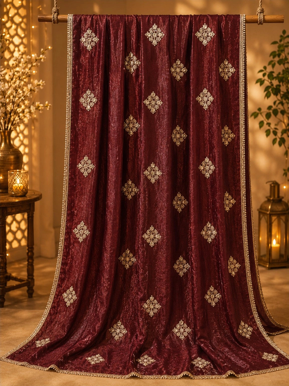 Maroon Fancy Butta Saree with Pearl Embellished Diamond Motifs and Decorative Border