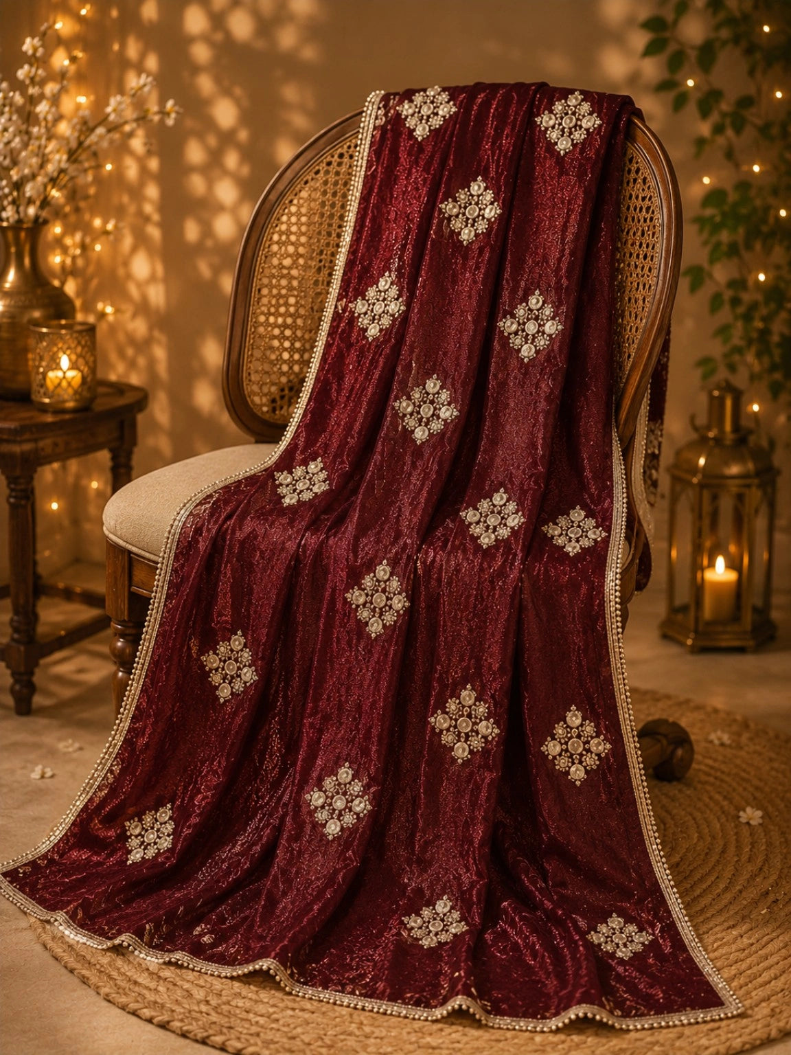 Maroon Fancy Butta Saree with Pearl Embellished Diamond Motifs and Decorative Border