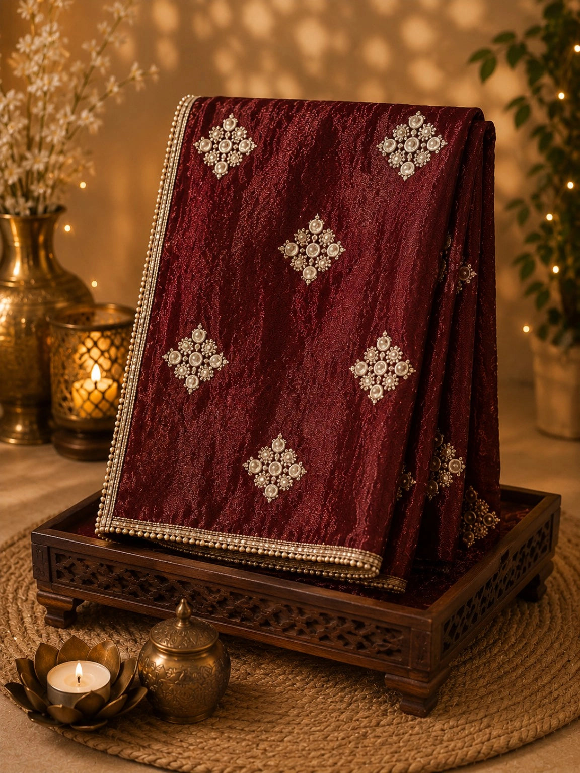 Maroon Fancy Butta Saree with Pearl Embellished Diamond Motifs and Decorative Border