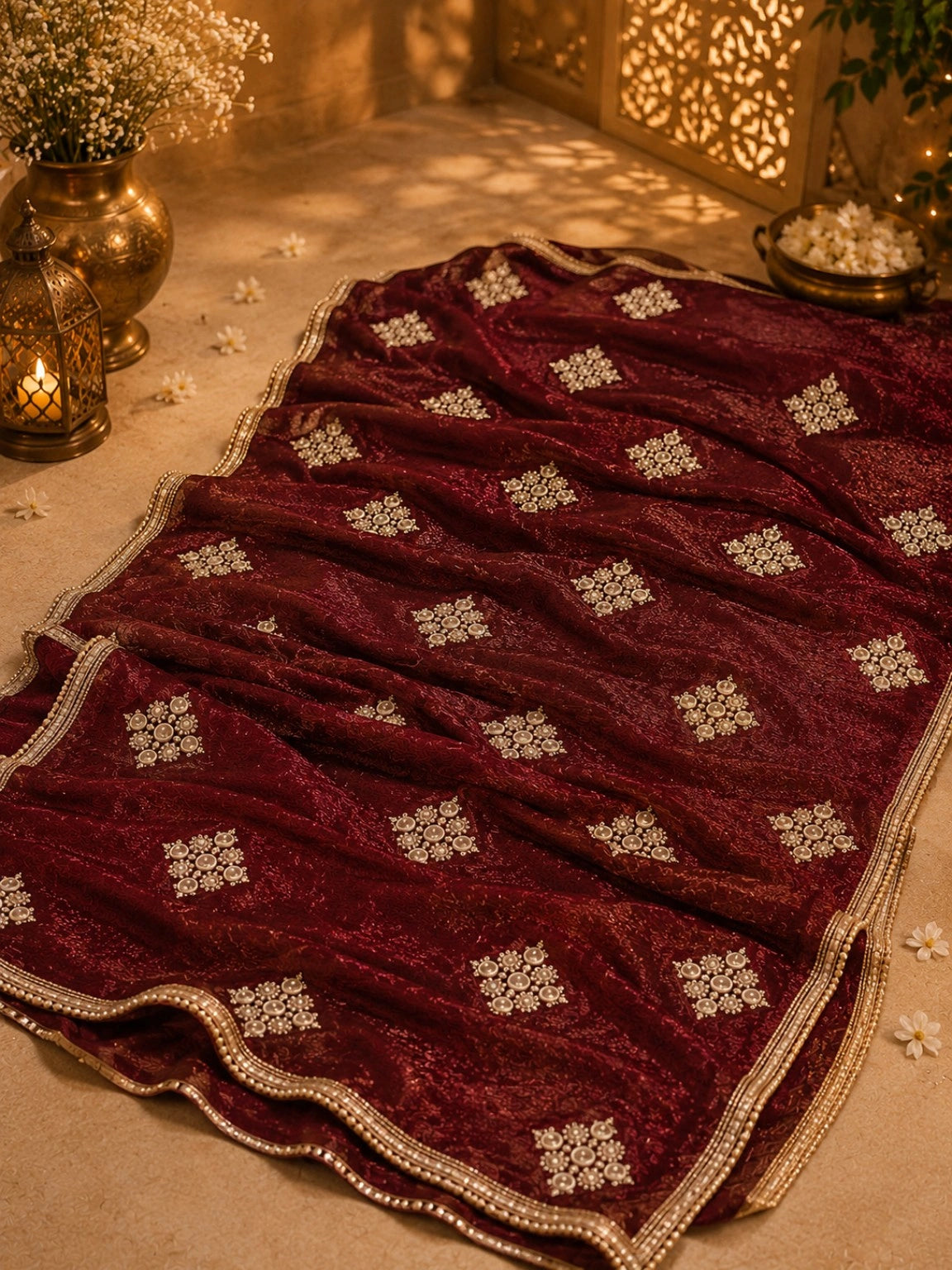 Maroon Fancy Butta Saree with Pearl Embellished Diamond Motifs and Decorative Border