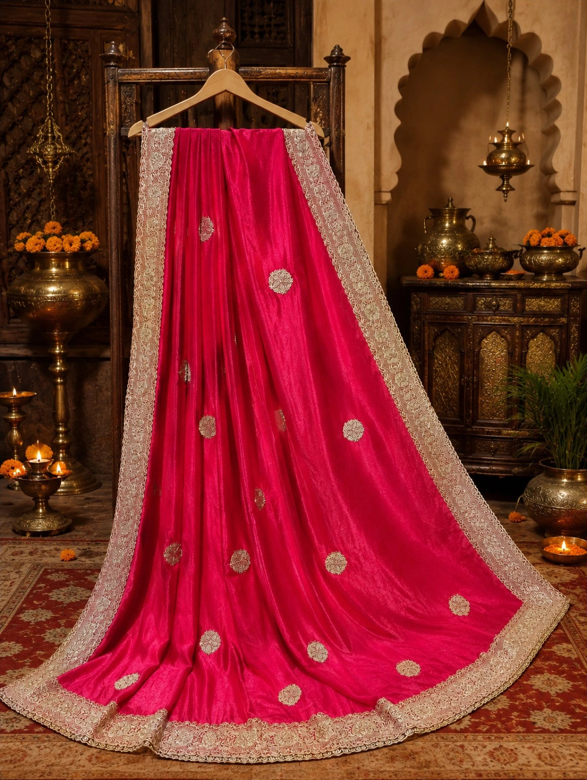 Hot Pink Jimmy Choo Embroidered Saree with Intricate Gold Lace Border for Festive & Party Wear